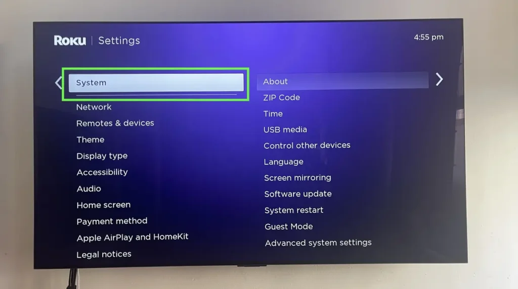 Roku screen mirroring settings menu displaying connection options