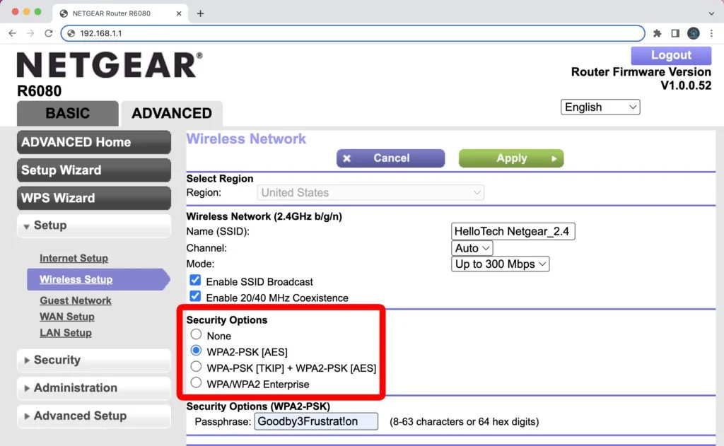 Router security settings showing password protection and encryption options