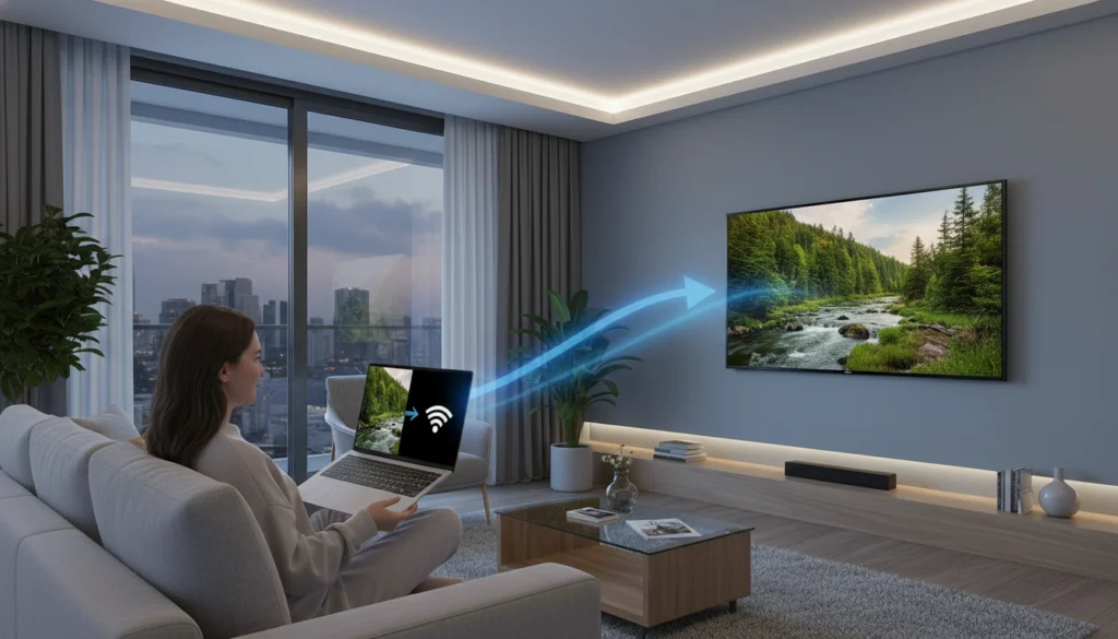 Person streaming content from laptop to TV wirelessly in modern living room