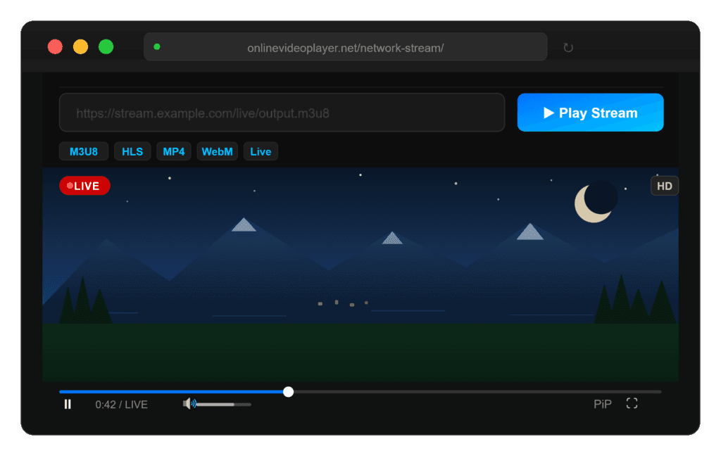 Network Stream Network stream video player — play M3U8, HLS, and live stream URLs online free