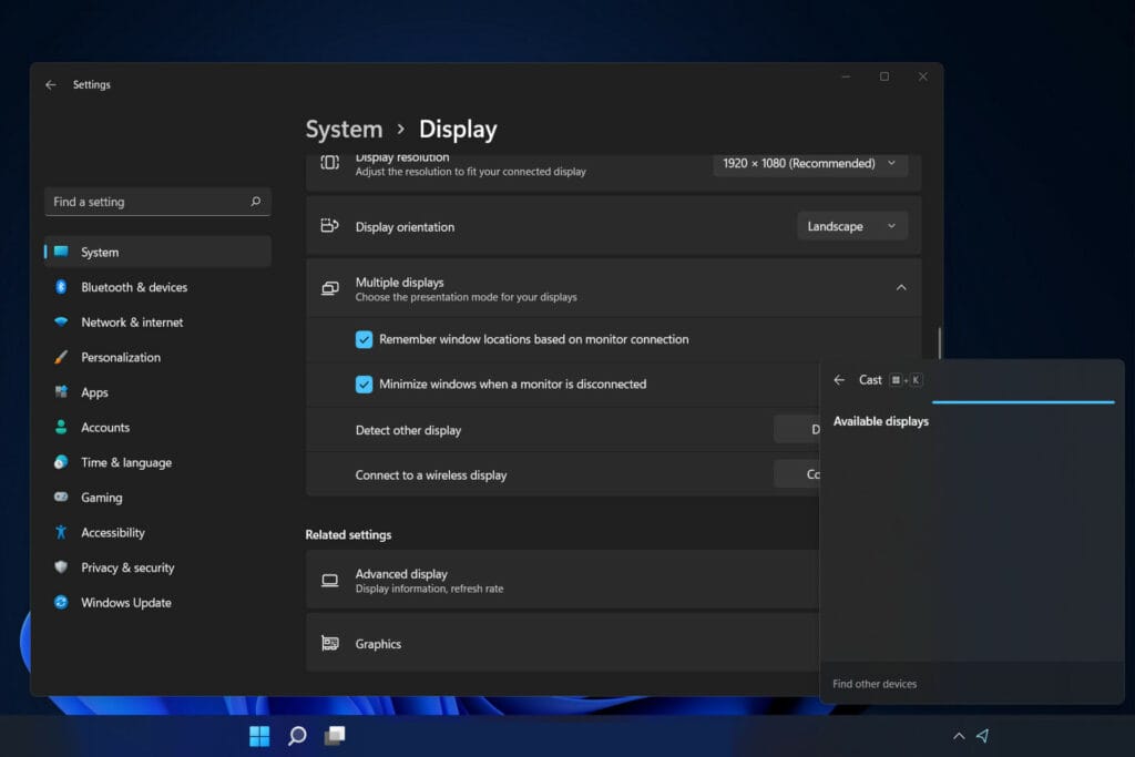 Windows 11 connect menu showing available wireless displays for screen mirroring